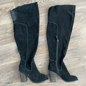 Kelsi Dagger heavy Black Suede Knee High Boots 7.5WC Wide Calf Block Heel